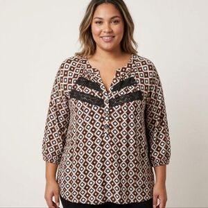 NWT NY Collection Black & Brown Diamond Ikat Print Top